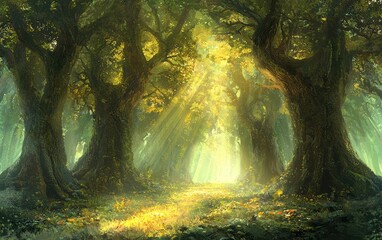 Naklejka premium Serene forest with sunlight filtering through tall ancient trees