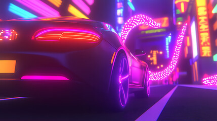 Obraz premium Cyberpunk Car Racing on Neon Streets at Night Futuristic Automobile Scene in Digital Art Style