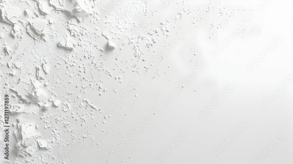 Poster abstract white textured background with scattered particles and peeling layers, ideal for design