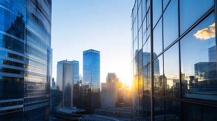 Stunning skyline view of modern skyscrapers reflecting sunset colors in an urban landscape : Generative AI