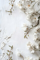 Beautiful white flowers arranged elegantly on a textured white background, perfect for spring themes