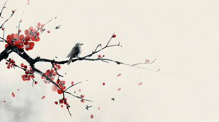 A serene bird perched on a blossoming branch, surrounded by delicate red petals in a tranquil setting