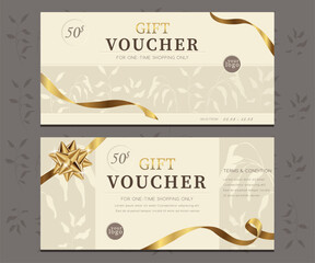Vector set of luxury gift vouchers with golden ribbons and gift box. Elegant template for holiday gift card, coupon and certificate. Discount coupon template vector illustration EPS10