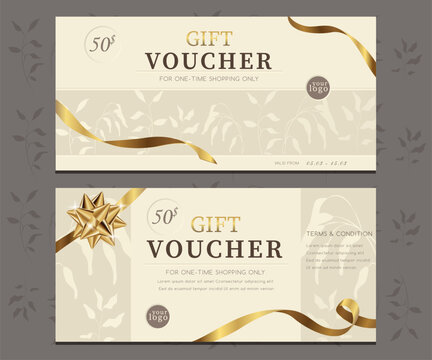 Vector set of luxury gift vouchers with golden ribbons and gift box. Elegant template for holiday gift card, coupon and certificate. Discount coupon template vector illustration EPS10