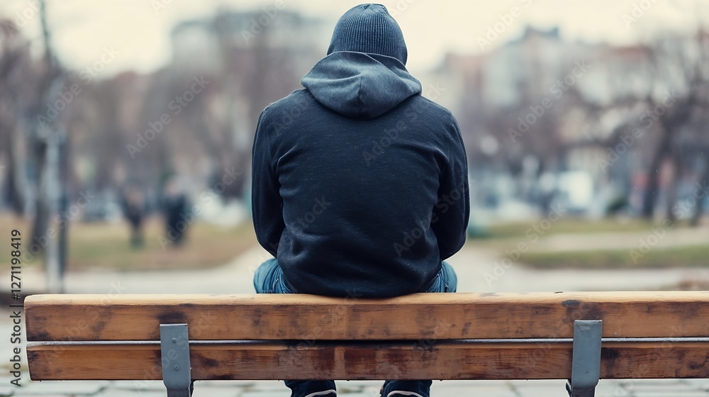 Poster solitary figure resting on a wooden bench in a quiet city park surrounded by bare trees and soft lig