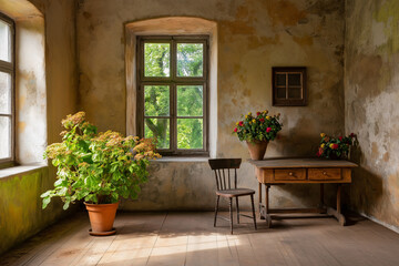 Natural light streams through windows into a rustic room adorned with flowers and simple furniture, evoking tranquility and timelessness