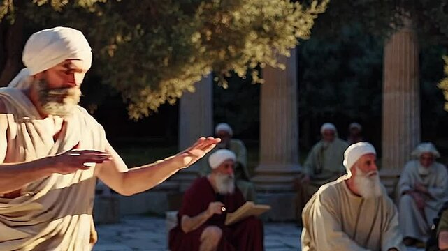 Philosophers are talking in the square.