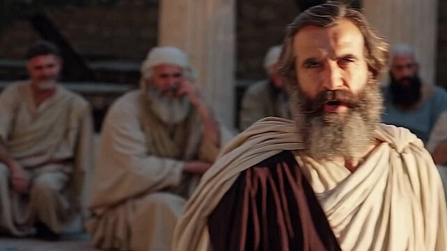 Philosophers are talking in the square.