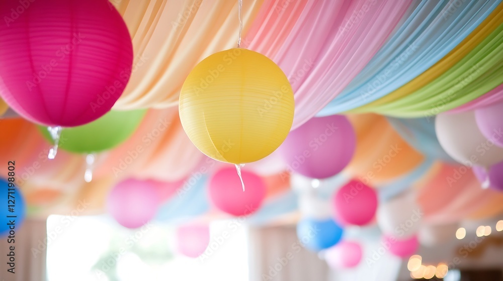 Aufkleber colorful lanterns and banners create a festive atmosphere at a celebration event : generative ai