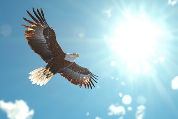Obraz premium Majestic Eagle Soaring Against Bright Sunlit Sky in Clear Blue Background