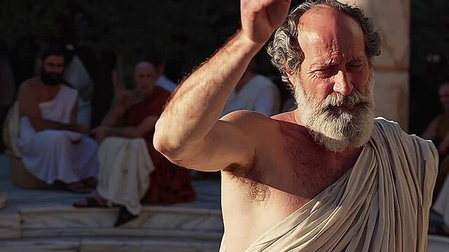 Philosophers are talking in the square.