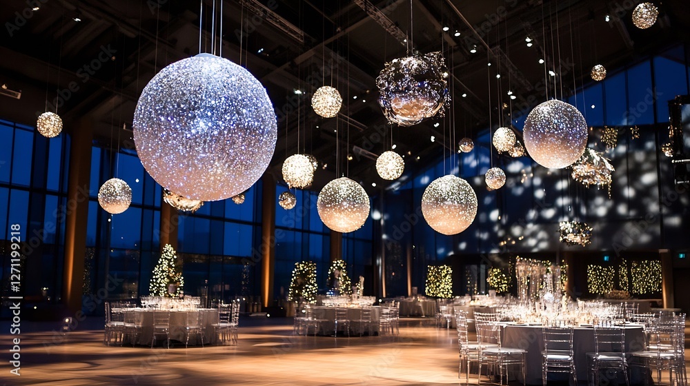 Poster Sparkling Event Space Decorated with Large Shiny Orbs and Festive Lights : Generative AI