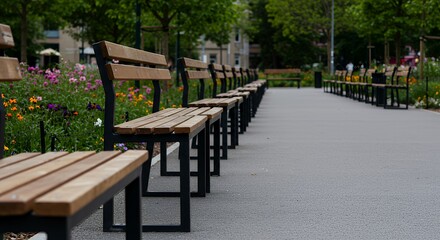 Obraz premium Park Benches in Serene Urban Setting with Colorful Flowers
