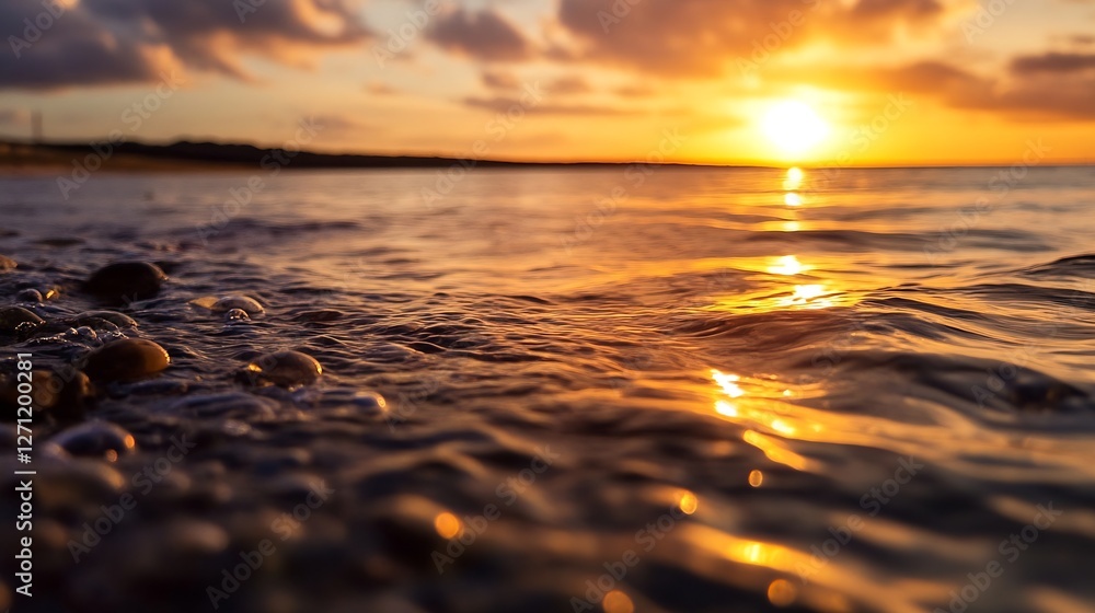 Poster serene sunset over calm waters with gentle waves and golden reflections : generative ai