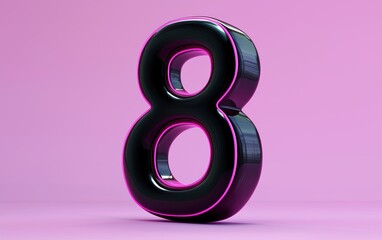 Glossy black number 8 with neon pink highlights on a pastel violet background for 8 March International Womens Day