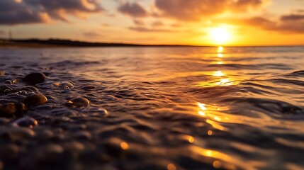 Obraz premium Serene Sunset Over Calm Waters with Gentle Waves and Golden Reflections : Generative AI