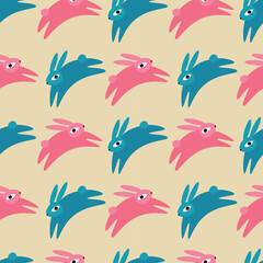 Easter bunny seamless pattern. Pink and blue rabbits on a beige background. Cute vector illustration for background, fabric, card, kids clothing