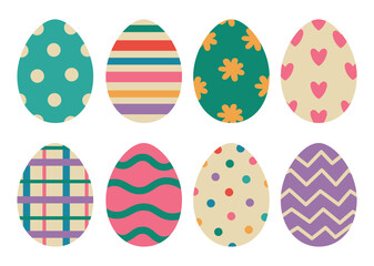 Easter egg set. Various eggs in pastel colors, polka dots, stripes, checkered. Vector illustration for background, print, greeting card and other holiday design.