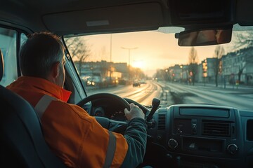 Professional Driver in High-Visibility Jacket at Sunrise in City Street