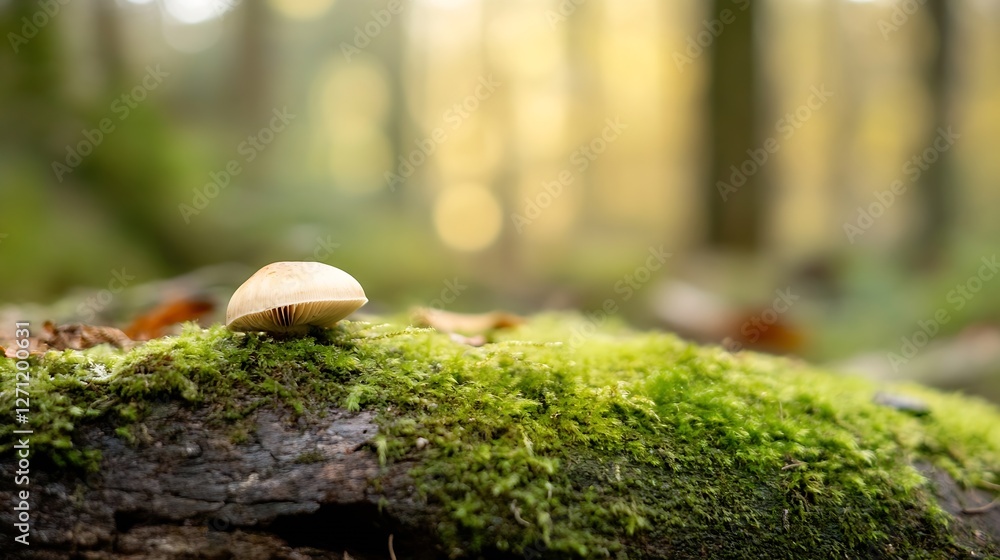 Poster closeup of a delicate mushroom growing on a mossy log in a sunlit forest : generative ai