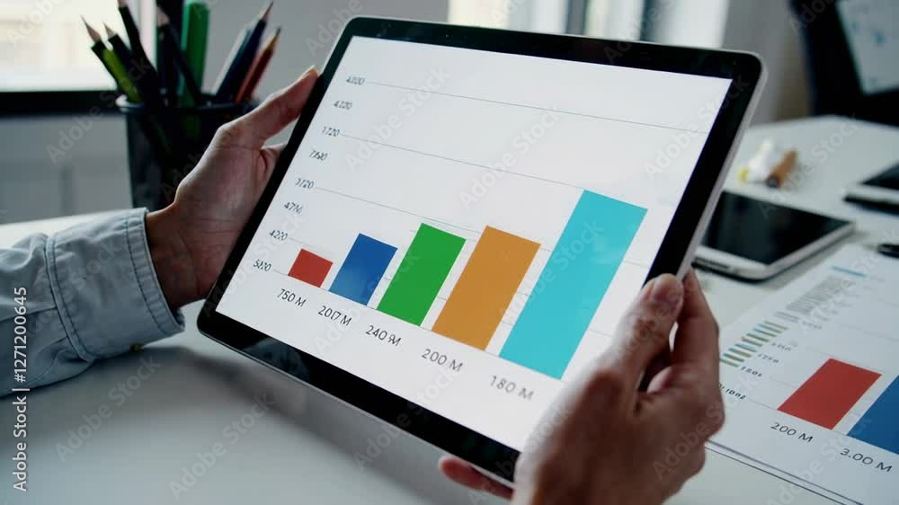 Poster financial professional analyzing positive business growth chart on tablet, displaying data documents