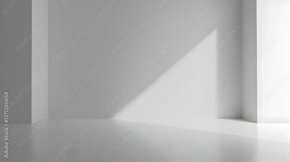 Poster minimalistic interior with soft light casting shadows on white walls and floor, creating a serene at