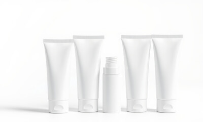 White cosmetic tubes arranged in row, showcasing various sizes and shapes, ideal for product mockups and branding. Perfect for skincare or beauty products