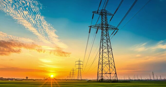 High voltage electricity tower sky sunset landscape