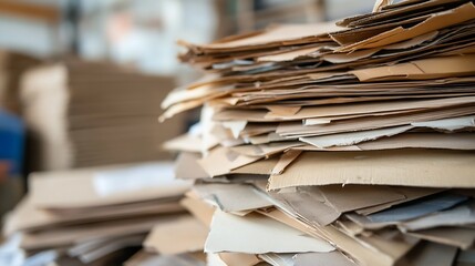 A large stack of mixed cardboard sheets and paper waste showcasing recycling materials in an industrial setting : Generative AI