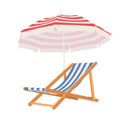 Folding beach chair with umbrella. Hand drawn beach and garden furniture. 