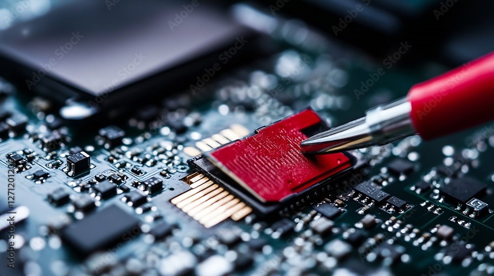 Poster closeup of a computer chip being repaired with a red tool showcasing advanced electronics and circui