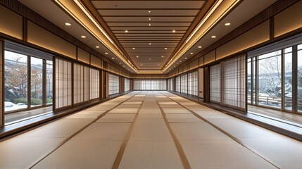 Obraz premium Tranquil Japanese tea room, winter view