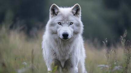 Obraz premium Majestic closeup of a white wolf gazing into the camera surrounded by green grass in a natural habitat : Generative AI