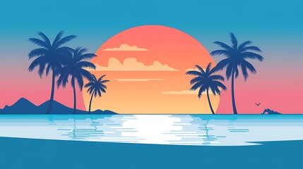Obraz premium Tranquil Sunset Scene with Palm Trees on Beach