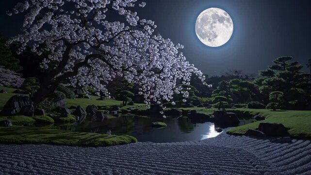 A quiet Japanese garden on a full moon night.