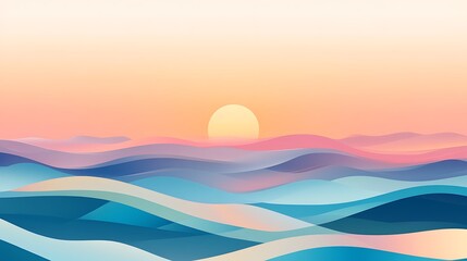 Abstract Sunset Landscape with Rolling Hills and Calm Waters