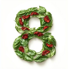 Number 8 crafted from fresh basil leaves and sun-dried tomatoes on a bright white background for 8 March International Womens Day
