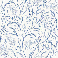Seamless pattern with spikelets and herbs. Harvest festival. Toul de Jouy. Botanical illustration. Blue