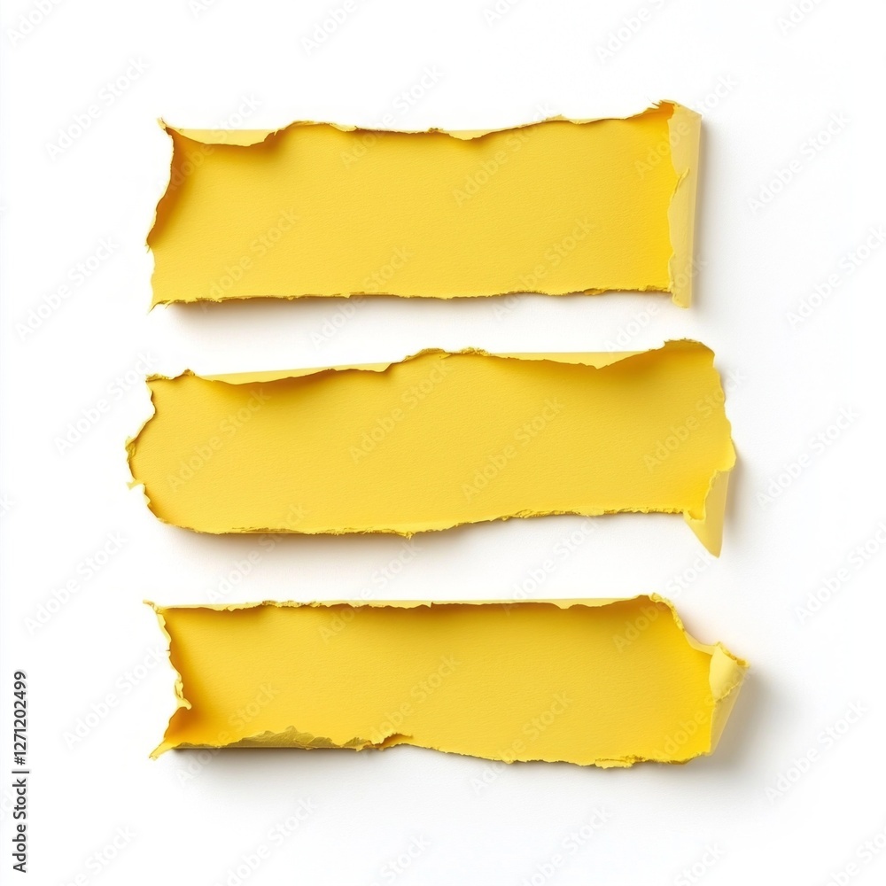 Poster three strips of bright yellow paper with uneven torn edges are arranged neatly on a background of pu