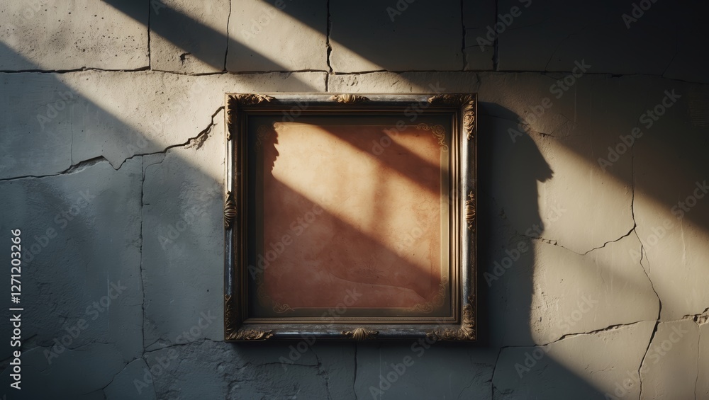 Poster empty ornate frame against a cracked wall with soft light streaming through, creating a contemplativ