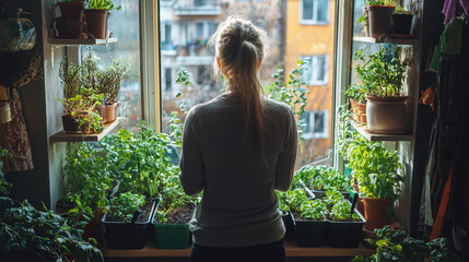 Woman tending to her lush hydroponic garden on a city balcony while enjoying the vibrant greenery during a sunny day