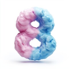 Number 8 shaped from soft cotton candy texture in pink and blue hues on a clean white background for 8 March International Womens Day
