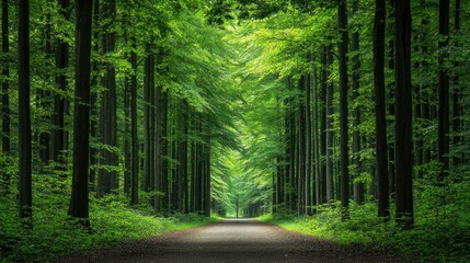 Obraz premium Sun Dappled Path Through Lush Green Forest