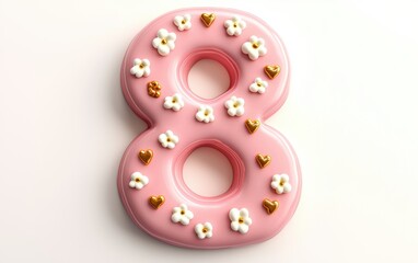 Obraz premium Number 8 sculpted from pink chocolate with tiny white flowers and golden hearts on a clean white background for 8 March International Womens Day