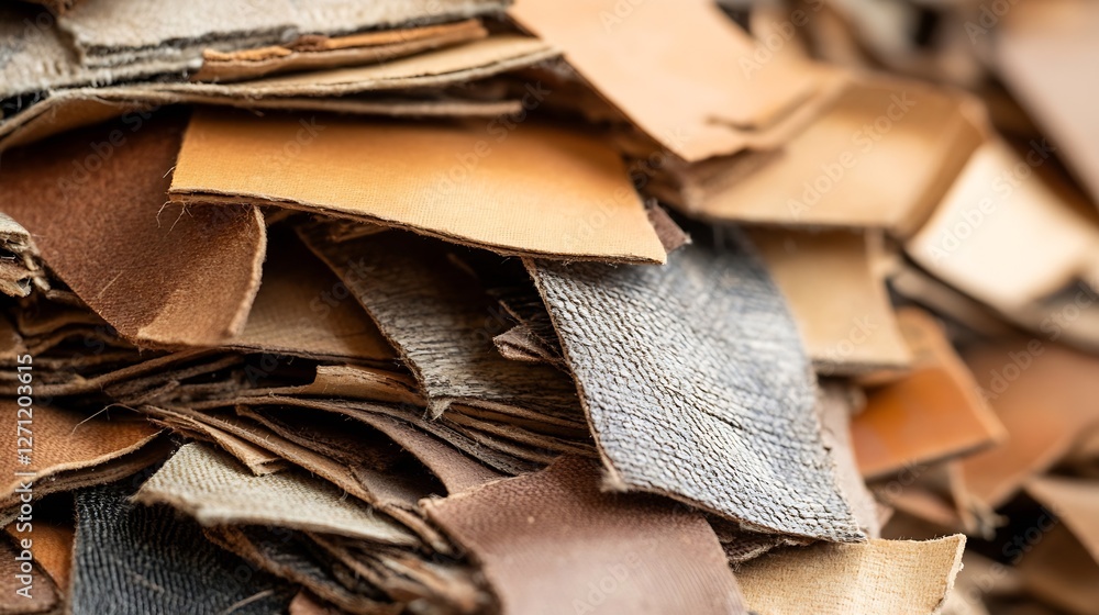 Poster detailed view of a collection of natural leather scraps in various colors and textures for crafting 