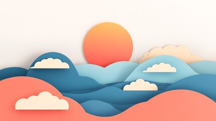 Abstract Papercut Landscape Sunset Scene With Clouds