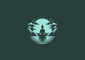 A peaceful meditation logo featuring a person sitting in nature, symbolizing tranquility, balance, and harmony.