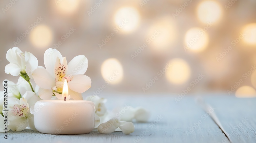 Leinwandbilder illuminated candle with delicate flowers creating a serene and inviting ambiance : generative ai