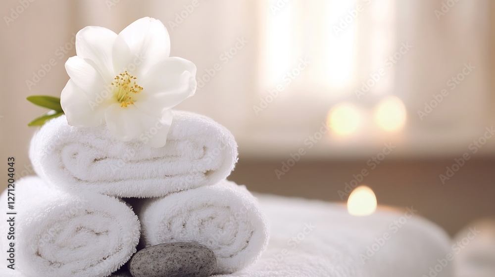 Leinwandbilder tranquil spa setting with stacked towels and a blooming flower for a relaxing atmosphere : generativ