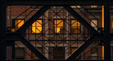 Fototapeta premium Building Facade Seen Through Bridge Grating with Window Reflections at Sunset
